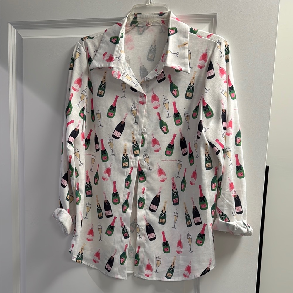🍾 Champagne / Rose Bottle Print Button-Up Shirt